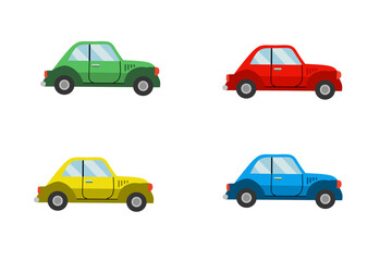 Fototapeta premium Vector illustration of four small cars in green, red, yellow and blue with side view. Flat design, suitable for transportation and education themes.