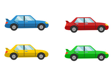 Vector of four blue, red, yellow and green sports cars in cartoon style side view. Dynamic design for automotive, posters or children's teaching materials