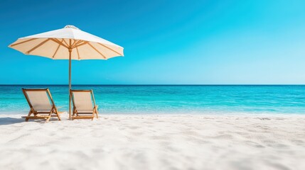 Fototapeta premium Two wooden beach chairs sit peacefully under an umbrella on a pristine tropical beach, with crystal-clear waters and white sand, offering a perfect relaxation spot.