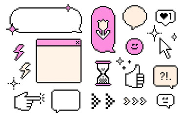 Set of retro speech bubbles and icons in pixel art style. 8bit digital chic emoji in pink. Pixel dialogue box for social media network. Game abstract isolated vector elements on white background