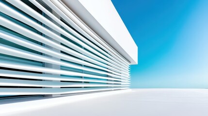 This image showcases a modern architectural exterior with clean lines and slatted windows, emphasizing a minimalist design and stunning blue sky background.