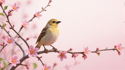 Bird on pink flowers branch