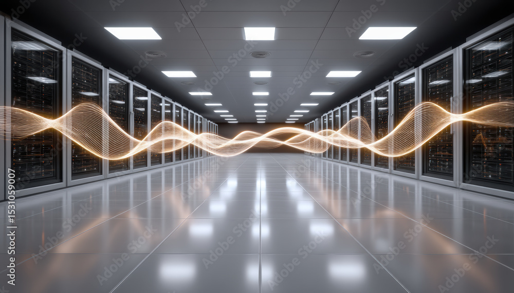Poster data center network security concept with server racks and glowing wave light in modern room