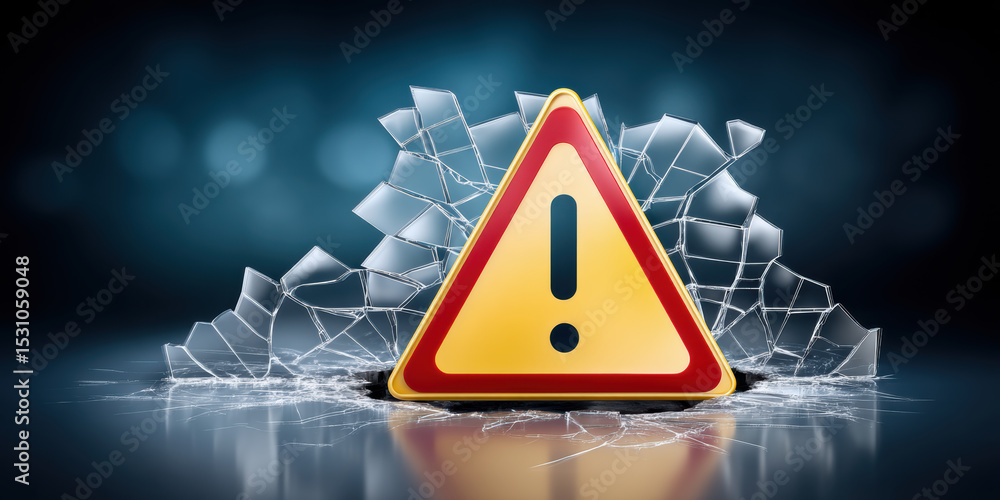 Poster warning sign with exclamation mark in front of shattered glass symbolizing network security breach o