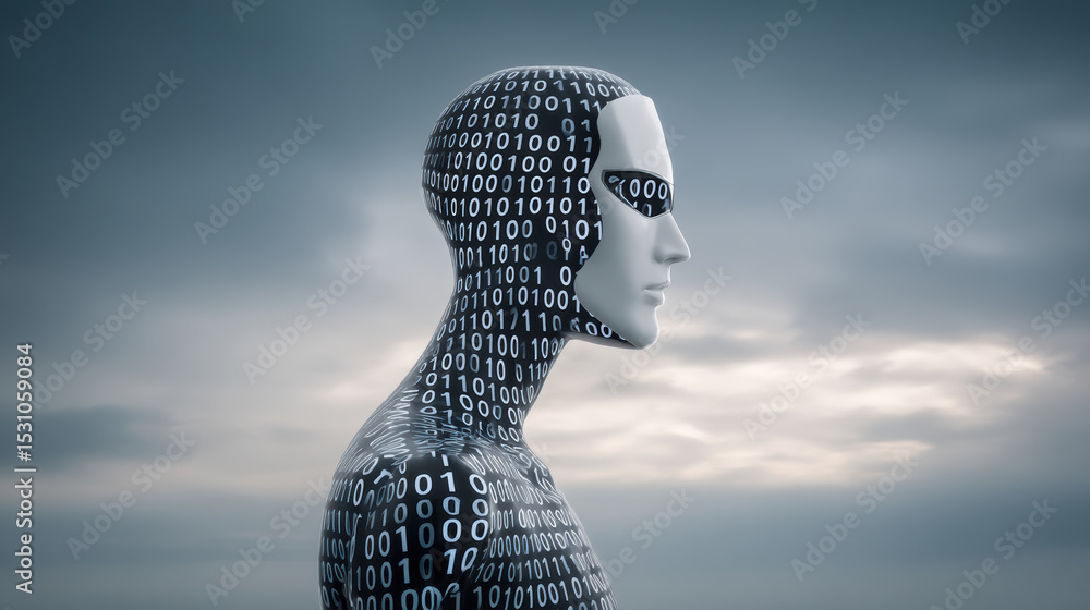 Poster futuristic humanoid robot covered in binary code symbolizes network and security in digital technolo