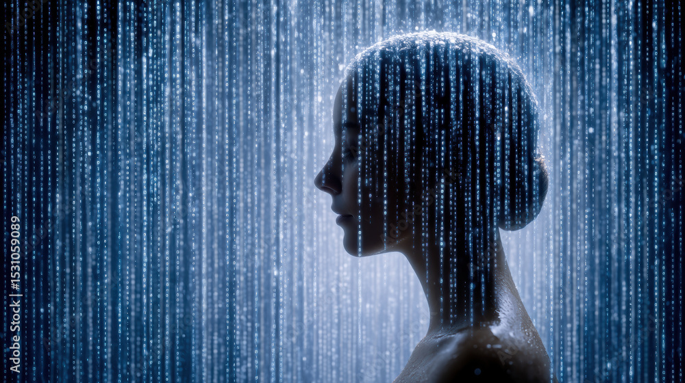 Aufkleber digital network security concept showing woman silhouette surrounded by cascading data streams symbo