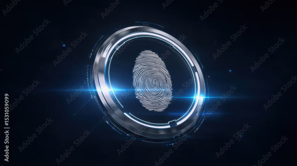 Poster fingerprint scan with futuristic network security concept glowing in dark background for digital ide
