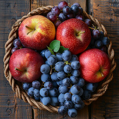 Colorful Fruit Basket with Seasonal Harvest on Wooden Surface
