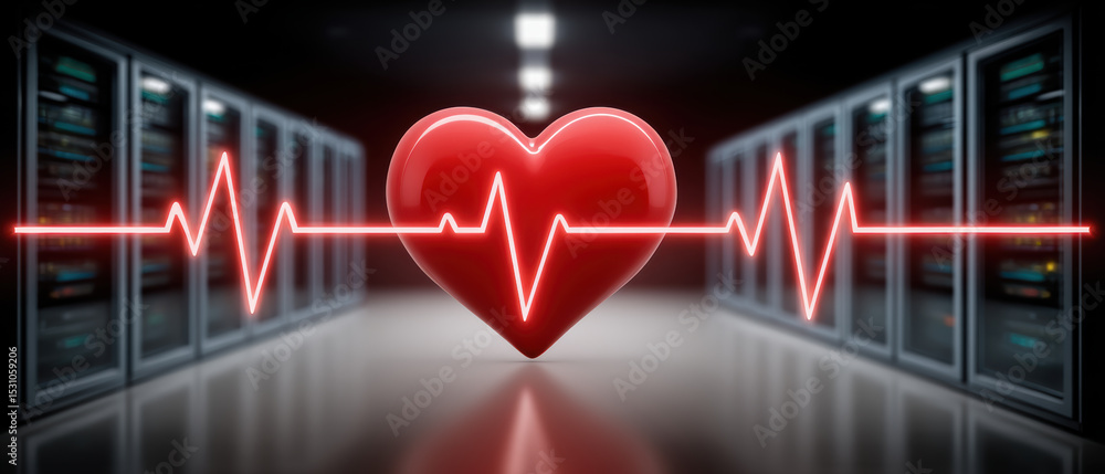 Poster glowing red heart with electrocardiogram line symbolizes network security in data center corridor wi
