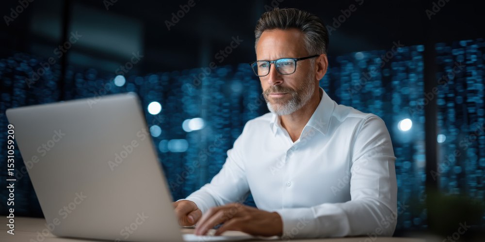 Poster man working on laptop network security focused on digital data protection and cybersecurity in moder