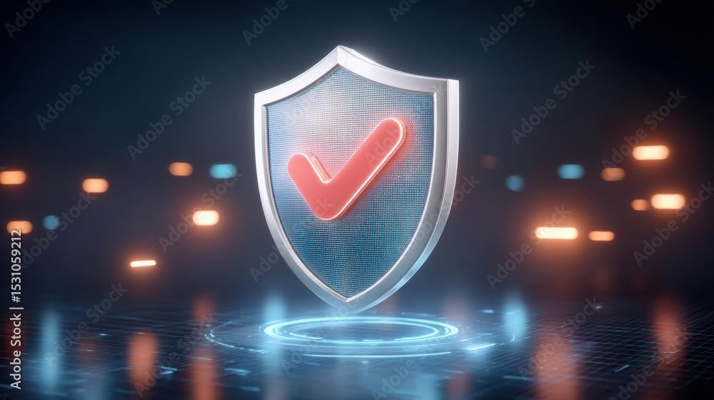 Poster network security concept with shield and check mark symbol glowing in digital space for protection a