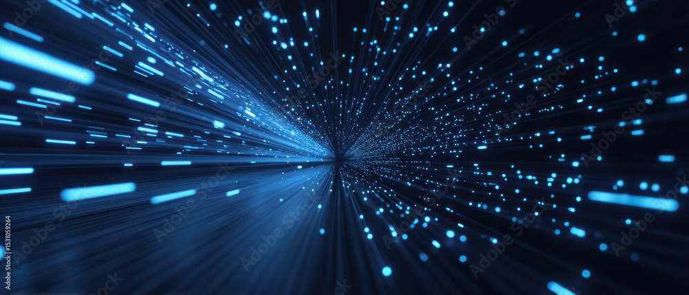 Poster network security concept with glowing blue digital data points and lines creating futuristic technol