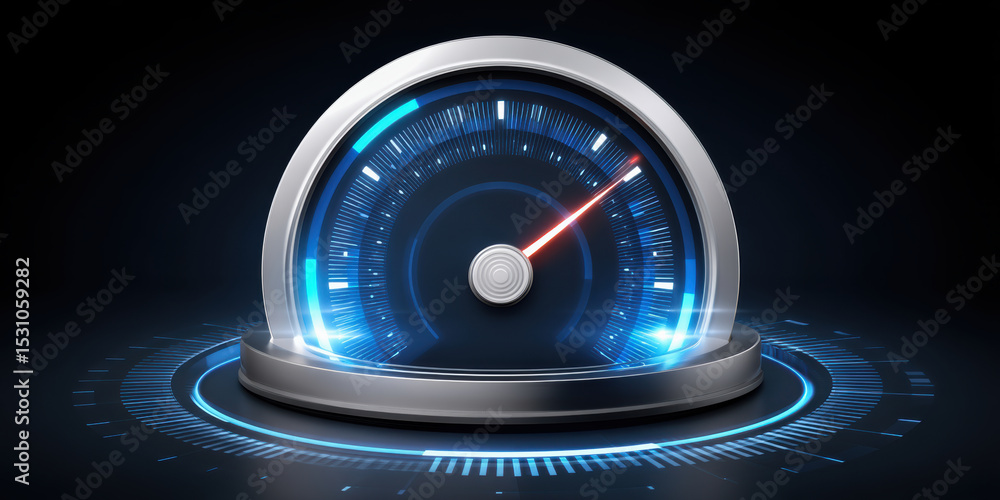 Poster futuristic speedometer with glowing blue lights symbolizes network security and fast data protection