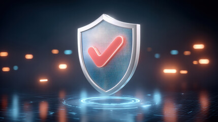 Network security concept with shield and check mark symbol glowing in digital space for protection and safety