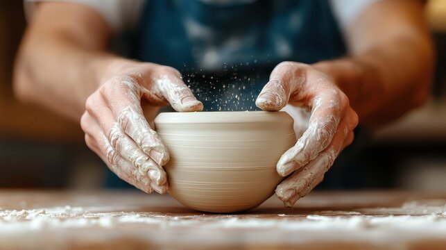 A close-up of hands skillfully shaping a clay bowl on a potter's wheel, showcasing the artistry and craftsmanship involved in traditional pottery making. - Powered by Adobe