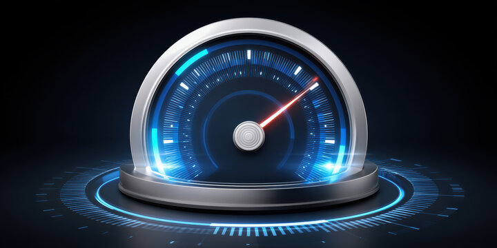 Futuristic speedometer with glowing blue lights symbolizes network security and fast data protection in digital environment