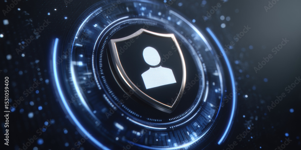 Poster futuristic network security shield icon with user symbol glows in digital interface, representing ad