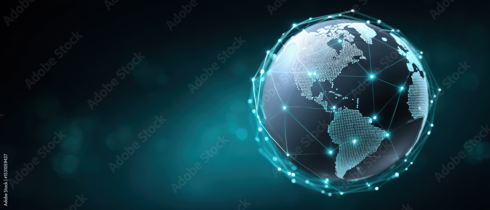 Poster network and security concept with digital globe connected by glowing points representing global data
