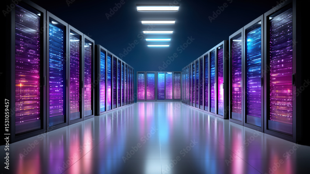 Poster data center network security with glowing server racks in modern room reflecting colorful lights cre