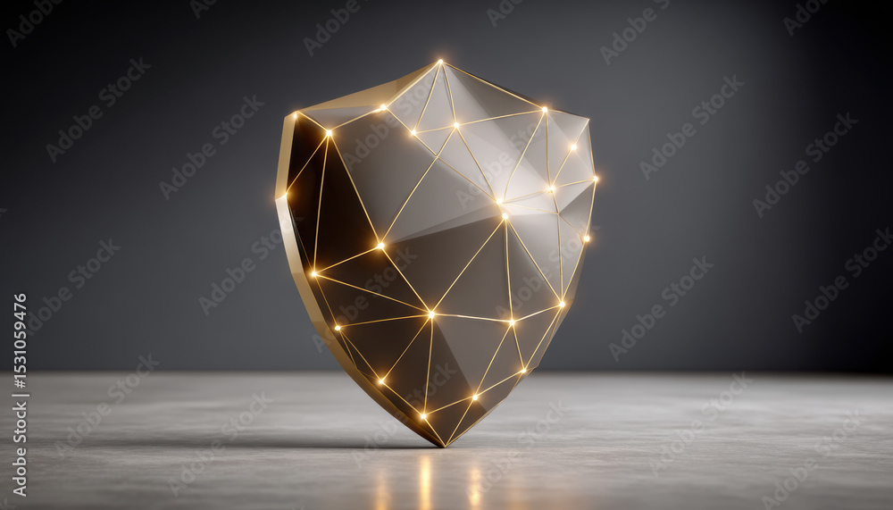 Poster network security concept with polygonal shield and glowing points representing protection and data s