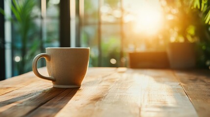 A beautifully crafted cup of coffee sits on a wooden table, illuminated by warm sunlight, evoking a sense of peace and comfort in morning routines.
