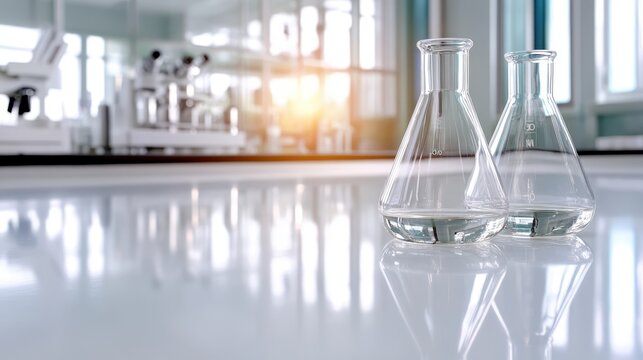 Two glass flasks standing elegantly on a reflective surface in a bright lab, symbolizing research precision and the scientific quest for knowledge and breakthroughs.