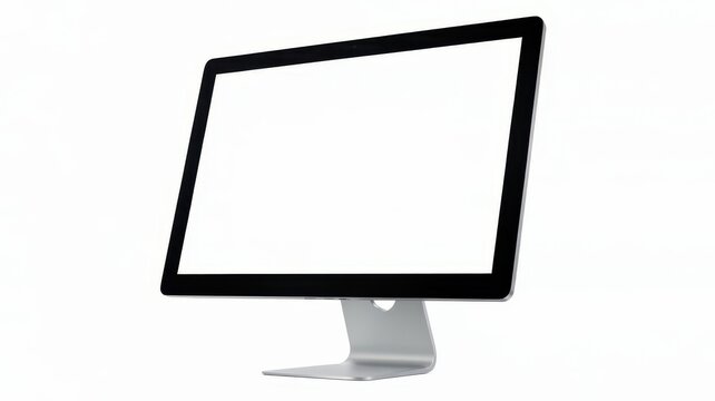 Modern desktop computer monitor with a blank white screen for mockups, isolated on a white background. Perspective view from the side and below.