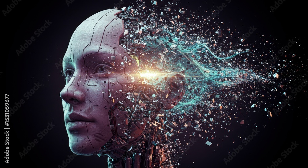 Poster digital portrait of a woman's face dissolving into pixelated particles against dark background with 