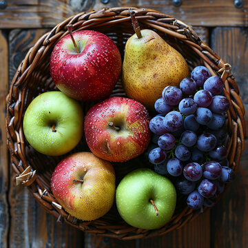 Organic Fruits in Woven Basket on Farmhouse Table