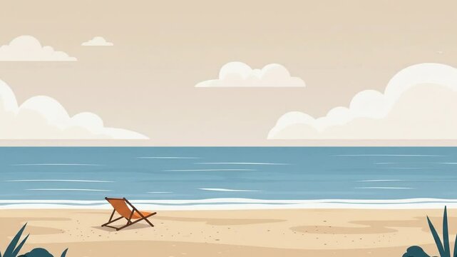 Pastel beach landscape scene with orange beach chair tranquil ocean and sandy beach illustration