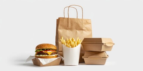  Burger, french fries, and takeaway containers with a brown paper delivery bag. Fast food meal set isolated on a white background.