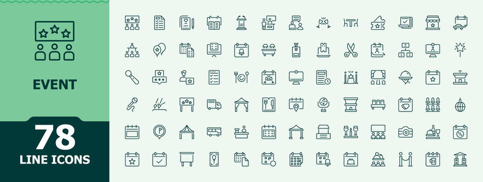 Event Planning icon set in linear style. Minimal linear icons. Editable vector art. Decoration icon collection. Contain linear symbols celebration, planning, decoration, meeting, conference and more.