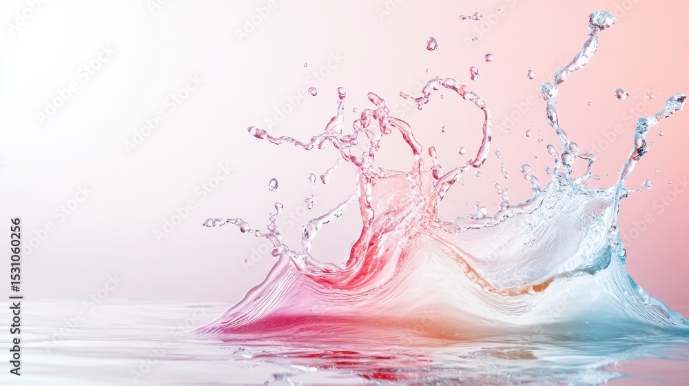 Poster an artistic representation of water splashing with vibrant hues, creating dynamic shapes and movemen