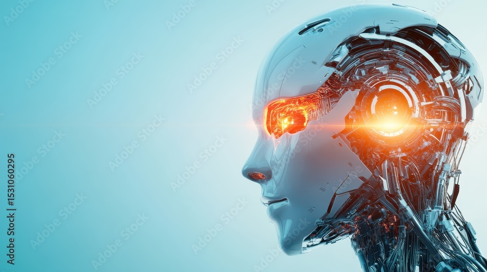 Poster a striking profile of a futuristic robotic head, showcasing advanced technology and innovation, emph