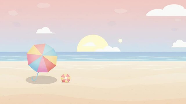 Pastel beach sunset illustration with umbrella and beach ball