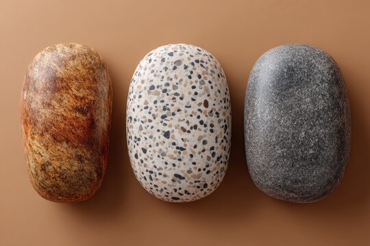 Three smooth stones, various colors and patterns, on a muted beige background