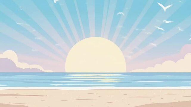 Pastel sunrise beach scene illustration beautiful nature background calm ocean peaceful landscape and digital art