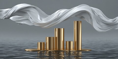 White fabric drapes over golden columns on water