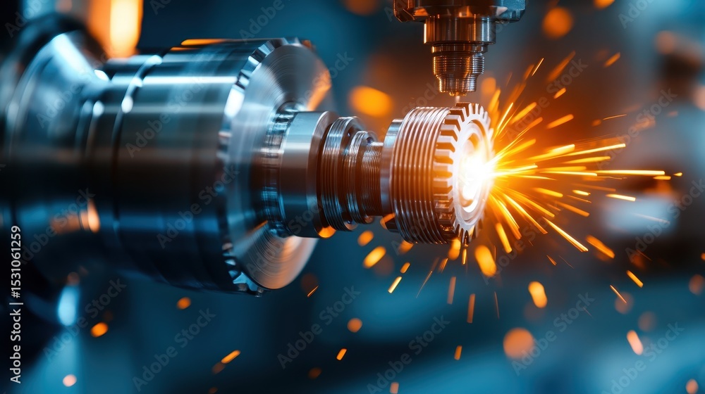 Poster a dynamic image of machine parts being processed in a workshop, highlighting the sparks created duri