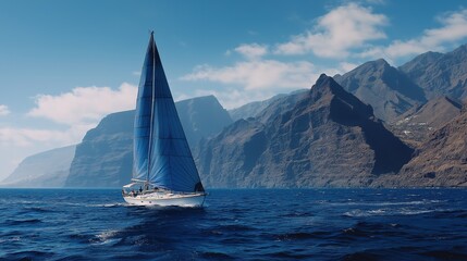 Eco-friendly sailing yacht cruising Tenerife's marine reserve, vibrant blue sails contrasting with mist-covered Teide peak, suited for environmental blogs or nautical tourism guides.