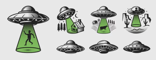 Fototapeten Bauernhof UFO abduction set. UFO abduct human, house, farm and desert. Spaceship retro icons. Vintage UFO abductions set isolated on white background. UFO logo. Vector illustration  © Denys Holovatiuk
