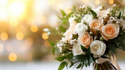 A beautiful circular bouquet of white and peach roses surrounded by delicate greens emits a romantic vibe, perfect for weddings or special occasions.