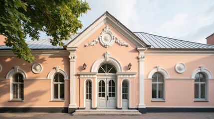 Obraz premium Elegant building facade with pink exterior, decorative elements, and large windows, surrounded by greenery