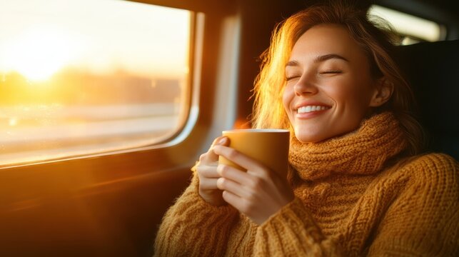 A joyful woman savoring her coffee while basking in the warm glow of a sunset, creating a perfect moment of relaxation and contentment that evokes happiness. - Powered by Adobe