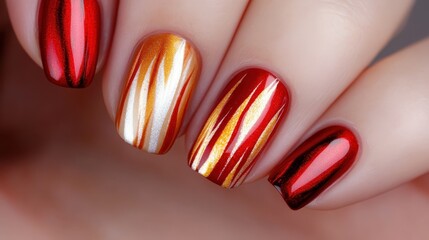 This stunning close-up showcases an artistic nail design featuring striking red and gold colors, emphasizing elegance and creativity, perfect for fashionistas and beauty lovers.