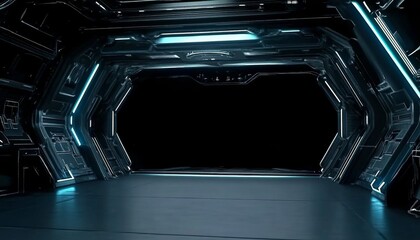 Futuristic Interior of a Spacecraft with Blue Lighting and Metallic Walls