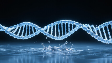 Blue glowing DNA strand over water