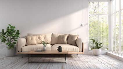 Modern living room interior design with beige sofa and plants near window home decor ideas