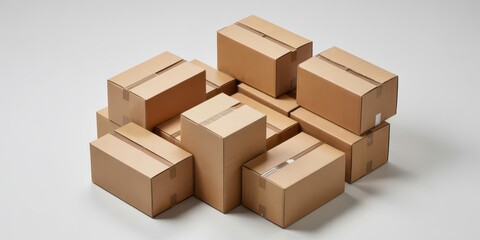  Neatly arranged cardboard boxes of varying sizes, showcasing a minimalist composition with soft neutral tones and a subtle orange accent, representing modern packaging and shipping solutions.