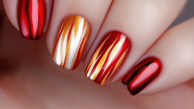 This stunning close-up showcases an artistic nail design featuring striking red and gold colors, emphasizing elegance and creativity, perfect for fashionistas and beauty lovers.